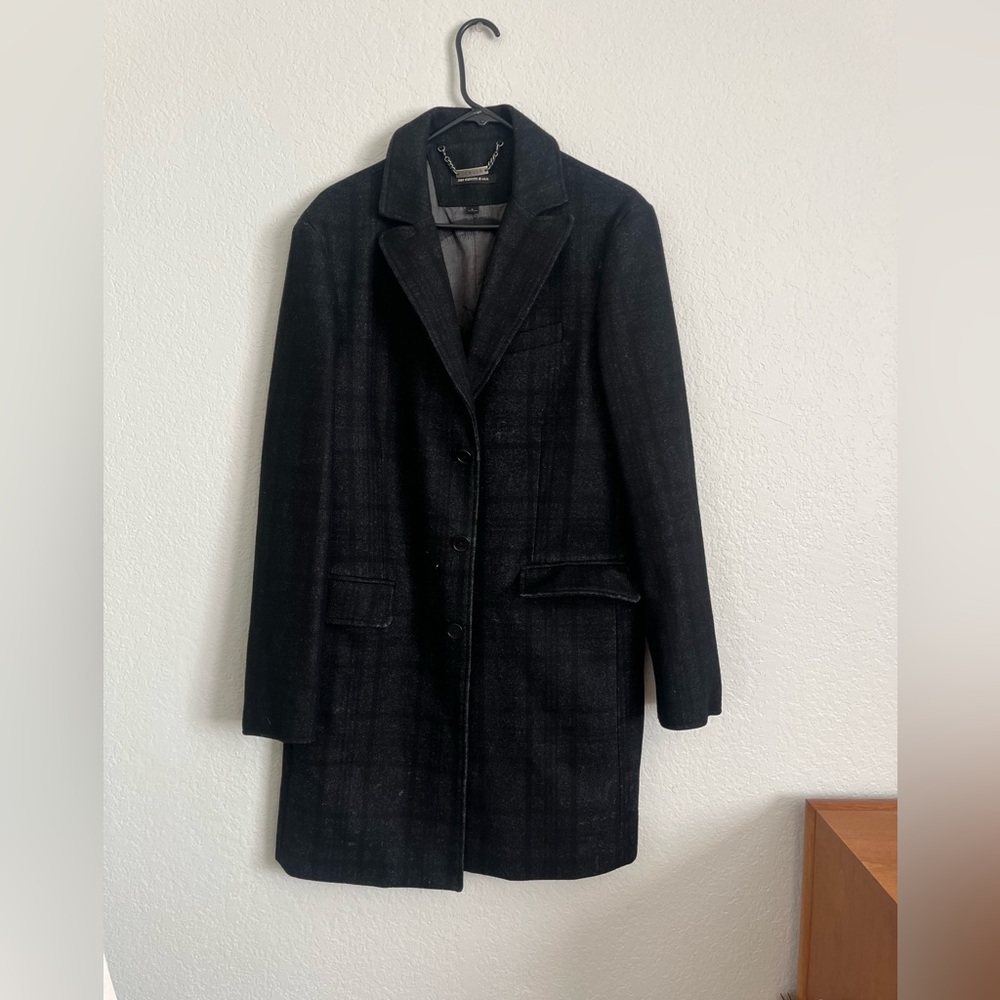 John Varvatos Black Plaid Wool Coat Large